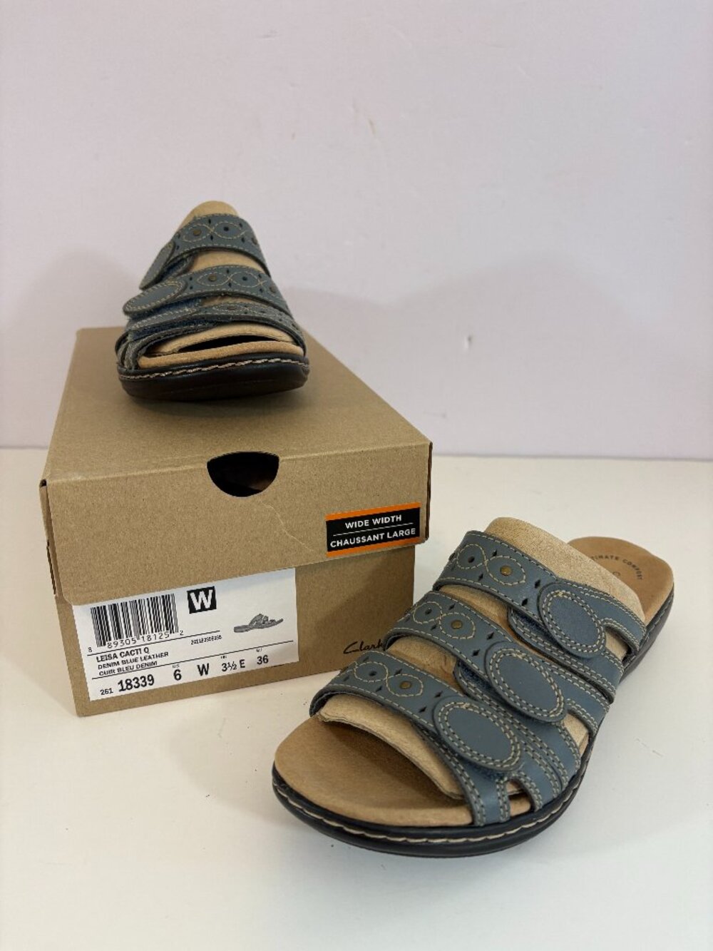 Clarks Leisa Cacti Q Denim Blue Leather Slide Comfort Sandals 6 Wide